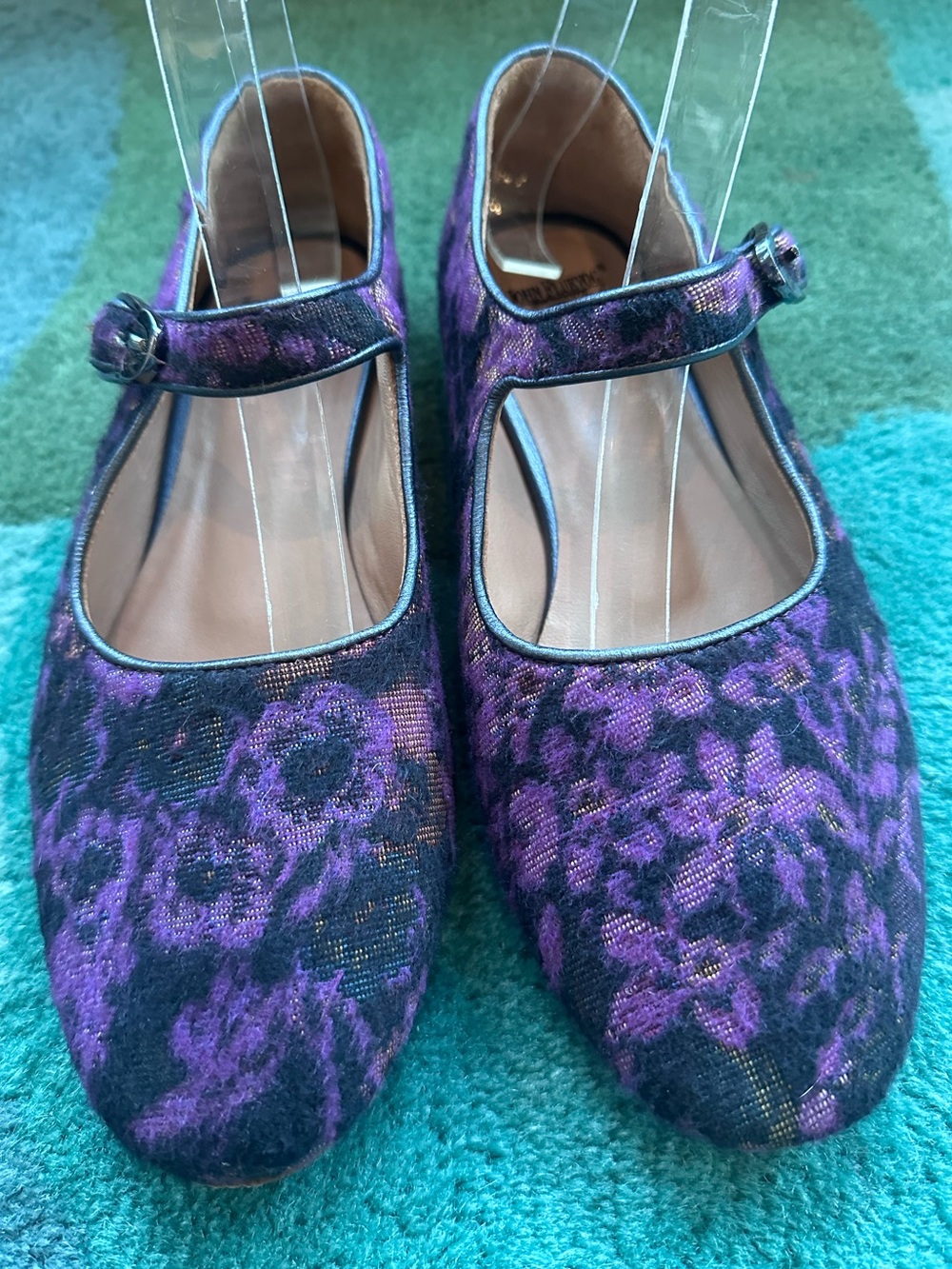 SOLD!! Fluevog Softly Pirouette purple floral wool silver buckle MJ flat- 7 - Picture 5 of 16